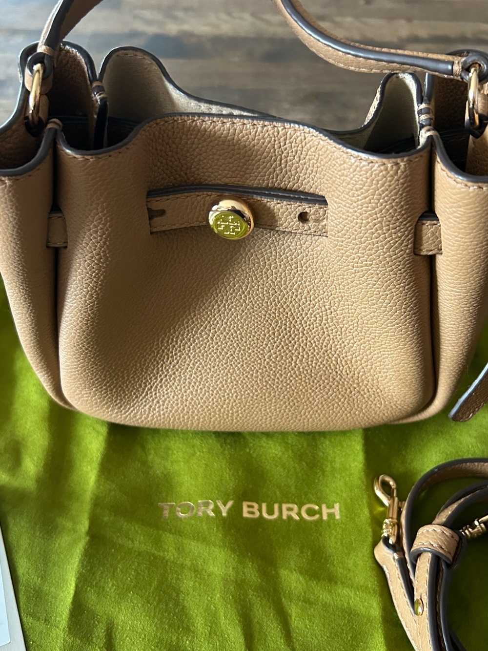 Tory Burch Romy mini bucket Tan Pebbled Leather Mini Drawstring Crossbody - Picture 4 of 7